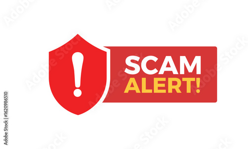 Red Shield Scam Alert Icon – Exclamation Mark Warning Label on White Background-