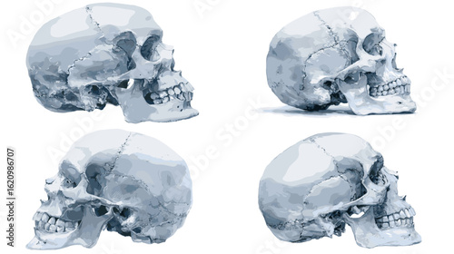 Monochrome side-view skull illustrations in anatomical style, perfect for educational, scientific, medical, or gothic design purposes.

