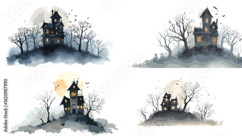 Spooky haunted houses on foggy hills under a full moon, illustrated in a dark watercolor style perfect for Halloween and eerie mystery designs.

