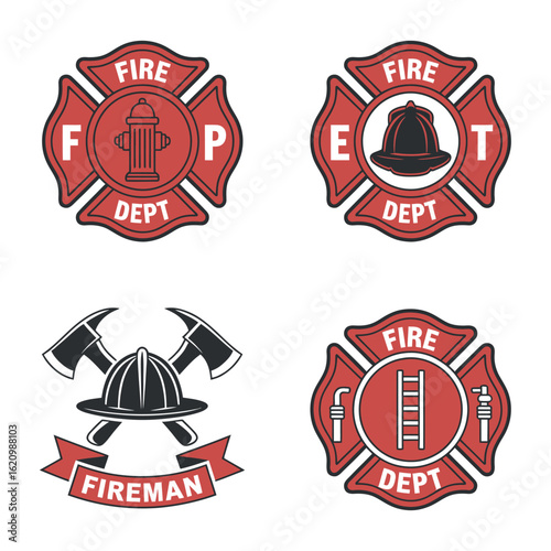 Fire Department Emblems Collection Featuring Maltese Crosses, Hydrants, Helmets, Ladders, and Axes for Firefighting Services