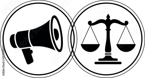 A graphic representation featuring a megaphone and scales of justice within overlapping circles design