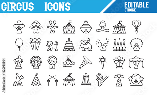 Circus Performer, Tent, and Balloon Icon Set for Funfair and Shows
