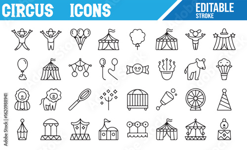 Editable Vector Icons for Circus, Clown, Balloons, and Performers