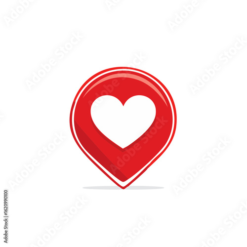 Red location pin icon with white heart symbol, on black background, love for travel, dating app or meet-up location