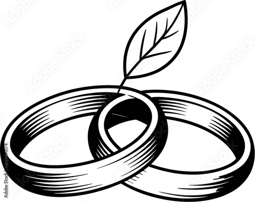 Illustration of two wedding rings intertwined with a leaf and the word forever underneath them
