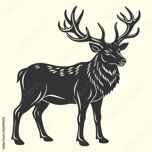 Isolated wild deer silhouette vector illustration with antlers