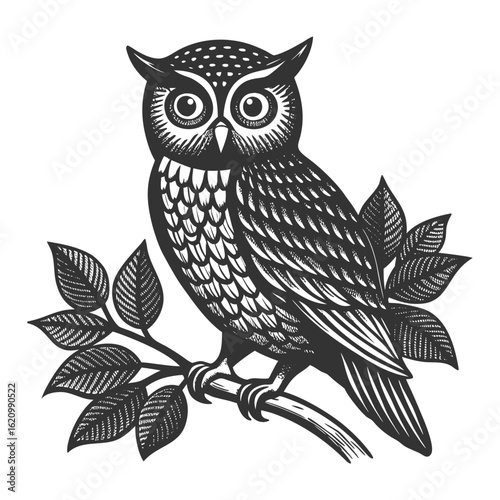 A wise brown owl with big eyes and detailed feathers perches on a branch in a cute cartoon vector illustration silhouettes design