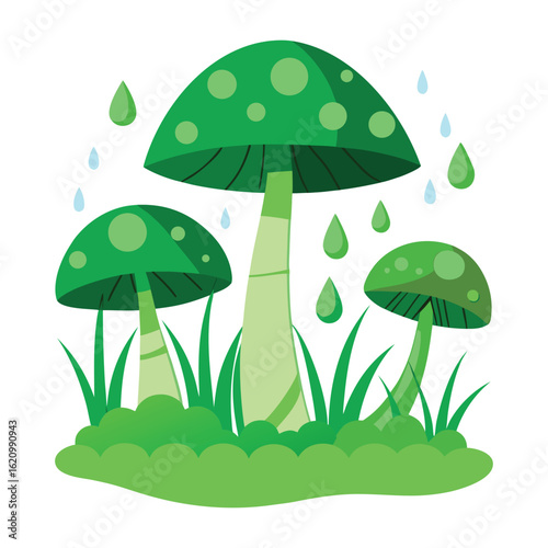 Green Cartoon vector illustration of edible fungi mushrooms growing on the forest grass
