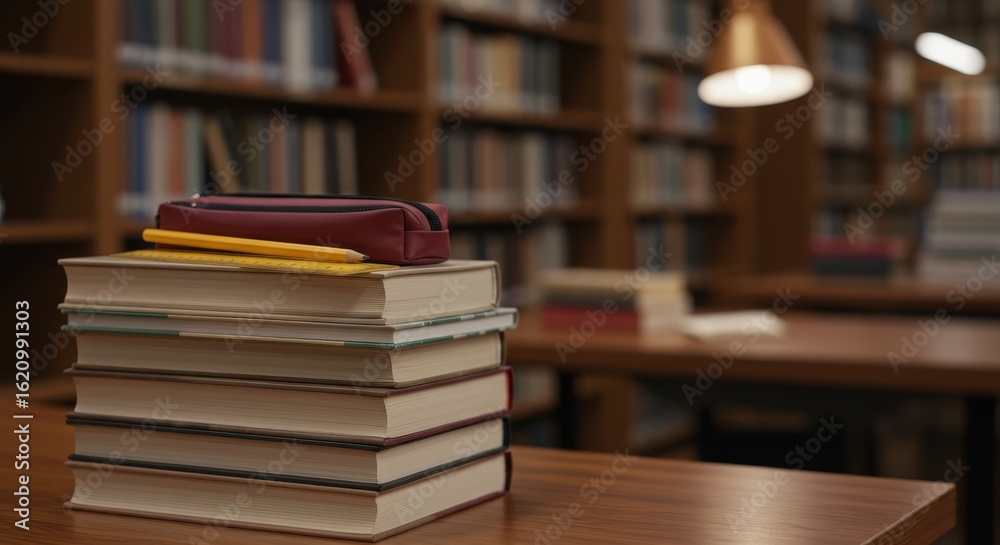 Fototapeta premium Stack of Books on Desk with Open Textbook and Background Shelves