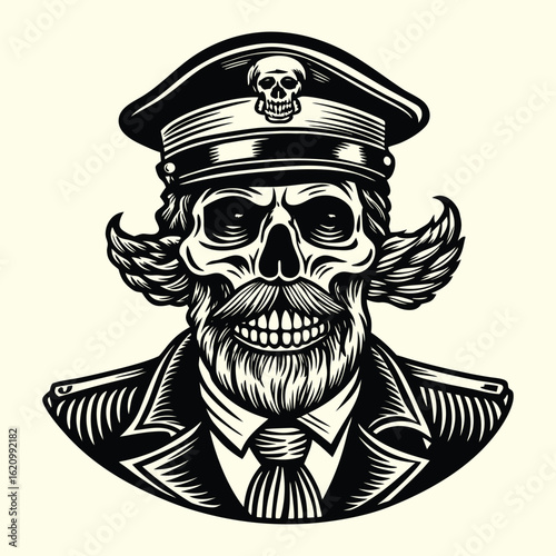 A pirate skull and crossbones vector illustration with a vintage gothic tattoo design and a warrior mascot face