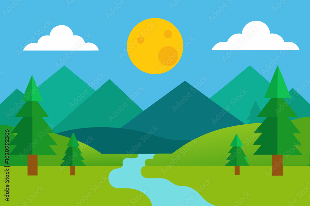 Fototapeta premium Flat design landscape with sun mountains trees and river