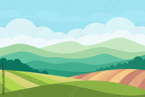 Rolling hills and cultivated fields under a cloudy sky