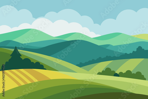 Stylized rolling hills landscape with clouds and farm fields