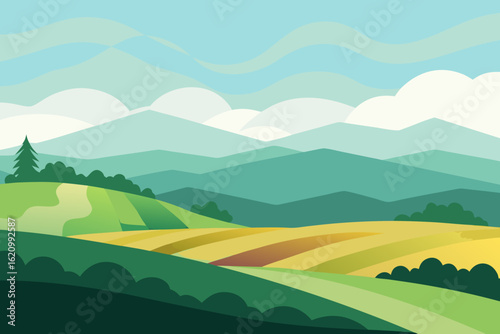Stylized landscape with rolling hills and layered mountains