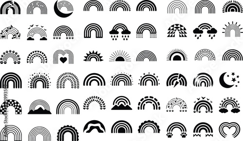 Monochrome Rainbow Silhouette Icon Set – Minimal Arch Design Black and White Rainbow Icon Collection – Trendy Silhouette Set