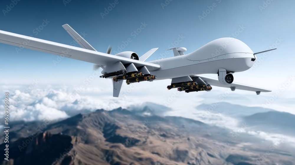 Obraz premium Unmanned combat air vehicle operations military airspace digital insights high-tech environment strategic analysis on uavs