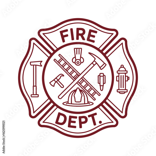 Fire Department Maltese Cross Emblem with Tools and Equipment Outline Illustration for Emergency Services and Firefighting