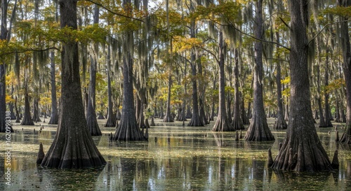 Serene Cypress Swamp: Moss-Draped Trees Reflect in Calm Water, Autumnal Hues