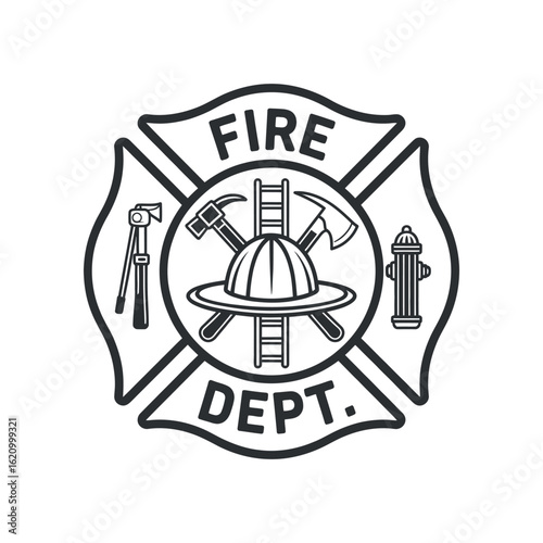 Fire Department Maltese Cross Symbol with Firefighting Equipment Black and White Illustration for Emergency Response
