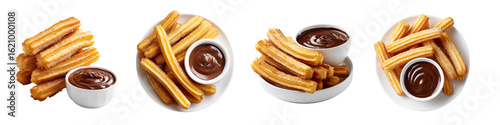Set of Crispy Churros with Sugar and Thick Chocolate Dipping Sauce on Transparent Background