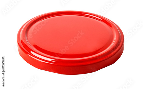 Foto Shiny red metal lid isolated on white background for preserving food