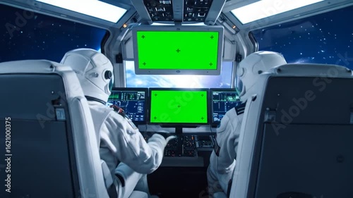 Astronauts in Spaceship Cockpit Control Room with Multiple Green Screens Navigating Through Space Towards Earth with Stars and Blue Atmosphere