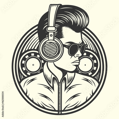 Vintage engraved illustration of a stylish man with headphones and sunglasses, a retro music or DJ vector logo