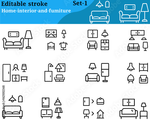 Stylish home interior and furniture icons showing sofas, chairs, tables, lamps, beds, and decor elements, designed with clean lines and modern colors to represent comfort, style, and functionality.