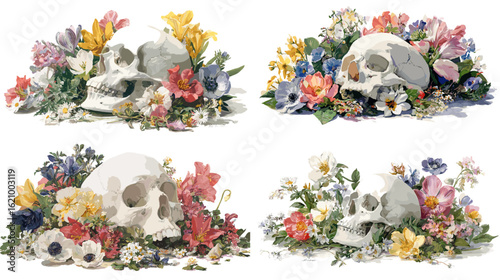 Elegant watercolor skulls surrounded by colorful blooming flowers, symbolizing contrast between life and death in a soft, artistic gothic illustration.


