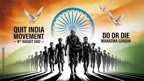 Quit India Movement, Powerful crowd gathers as Gandhi chants for freedom and justice.