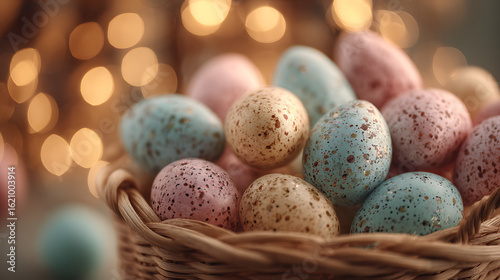 Speckled pastel eggs nestled in woven basket with soft bokeh lights easter eggs pastel colors