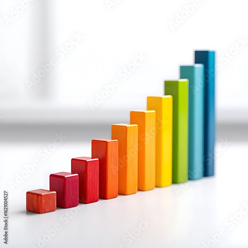 Free Download A colorful bar graph made of wooden blocks showing an upward trend on white surface - GFXLoad