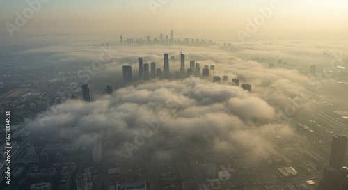 Aerial Cityscape Emerging From Dense Fog, Skyscrapers Above Clouds, Dramatic Light.