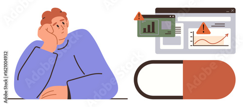 Man resting head on hand, alarm icons over data charts, large pill indicating health focus. Ideal for health risk, awareness, decision-making, stress, personal safety, technology and healthcare