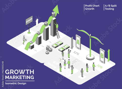 Cartoon Color Profit Chart and AB Testing Growth Marketing Concept 3d Isometric View Line Elements. Vector illustration