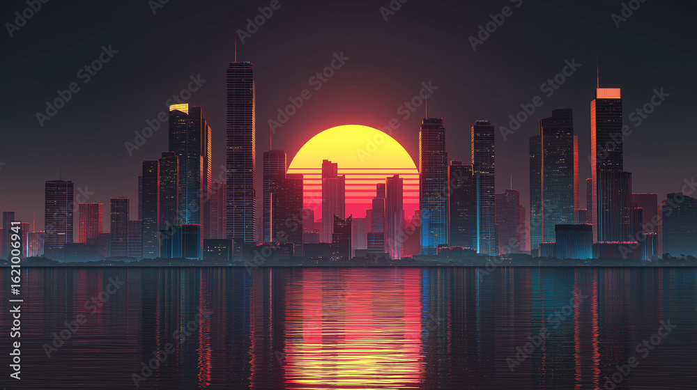 Fototapeta premium Futuristic neon-lit city skyline at twilight with glowing retro sunset, reflecting off tranquil waters, showcasing cyberpunk-style skyscrapers and a dramatic digital atmosphere in synthwave tones