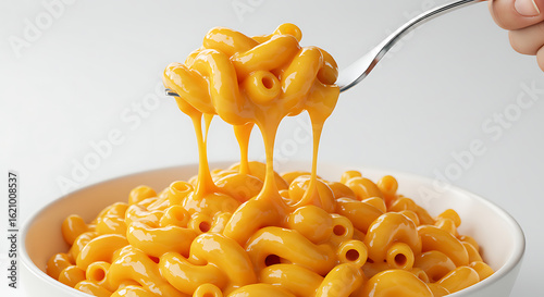 A delicious, close-up shot of creamy macaroni and cheese in a white bowl, isolated on a clean white background. 