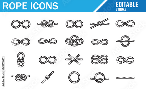  Set of Rope Icons, Knots, Tying, and Binding. Editable Stroke Vector Icons for Ropework, Sailing, and Knot Tying Techniques.