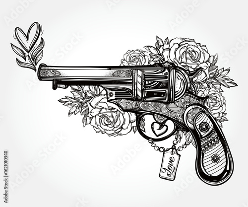 Gun with roses vector art design, vintage revolver illustration with love theme and heart smoke concept