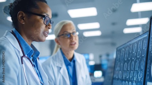 Two Medical Professionals Reviewing Brain Scans On Computer Monitors in a Brightly Lit Modern Office