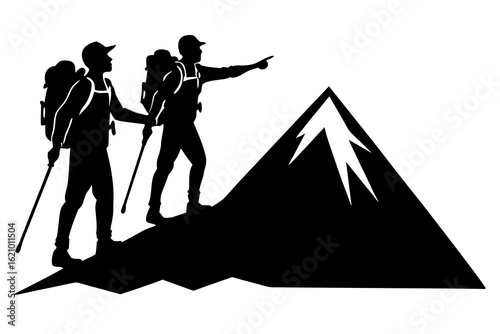 Two Hikers with Backpacks on Mountain Peak, Adventure Silhouette
