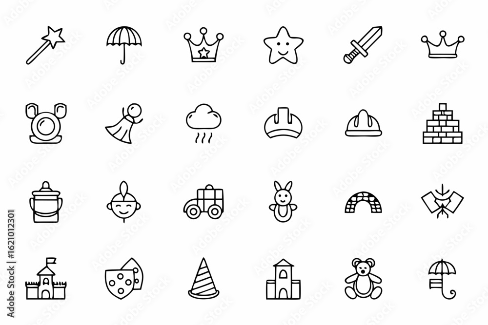 Fototapeta premium A dreamy icon collection celebrating imaginative toys and pretend play. Great for role-play sets, storytelling tools, fantasy-themed toy packaging, and party supplies