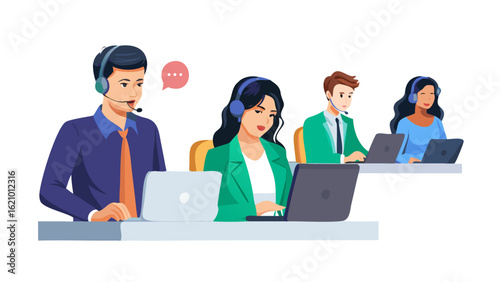 Call center team customer service support agents with headsets and laptops work