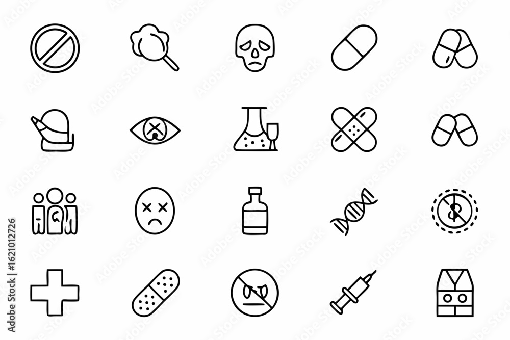 Fototapeta premium A powerful set of clean line icons focused on identifying and discouraging substance abuse. Perfect for health campaigns, rehab awareness posters, and educational platforms