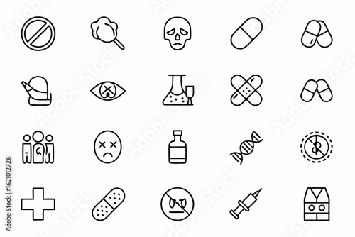 A powerful set of clean line icons focused on identifying and discouraging substance abuse. Perfect for health campaigns, rehab awareness posters, and educational platforms