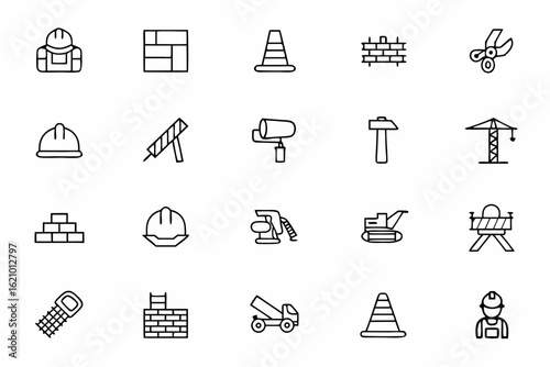 A professional collection of minimalist icons showcasing key phases of construction. Ideal for architectural firms, contractor websites, and real estate developers