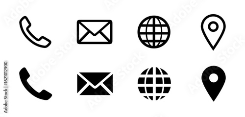 Contact icons set with phone, email, website and location symbols in solid and outline style for business use