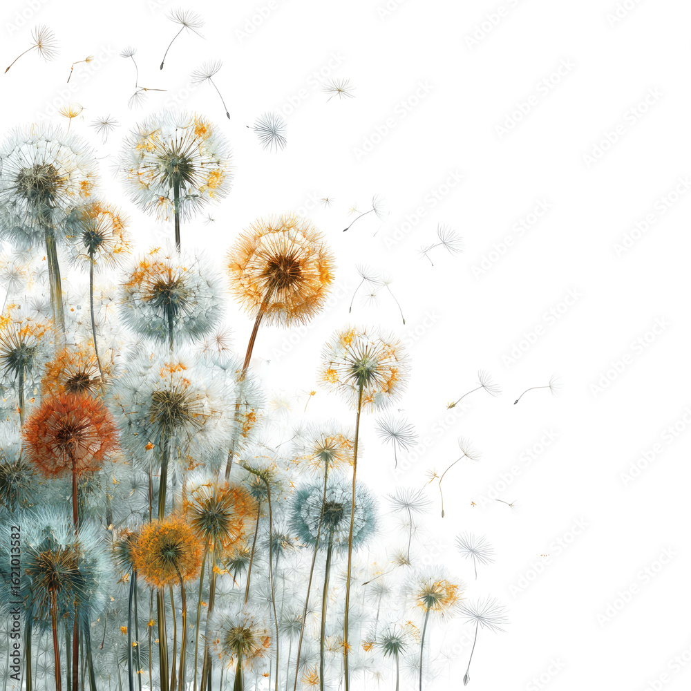 Obraz premium Dandelions in a swirling cloud