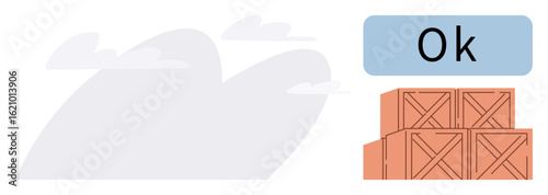 Stacked wooden crates in an orderly arrangement, accompanied by OK approval label against a simple, cloudy backdrop. Ideal for logistics, shipping, quality assurance, approval, organization