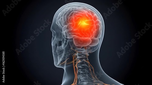 Illuminated brain scan, highlighting pain, dark background, medical illustration